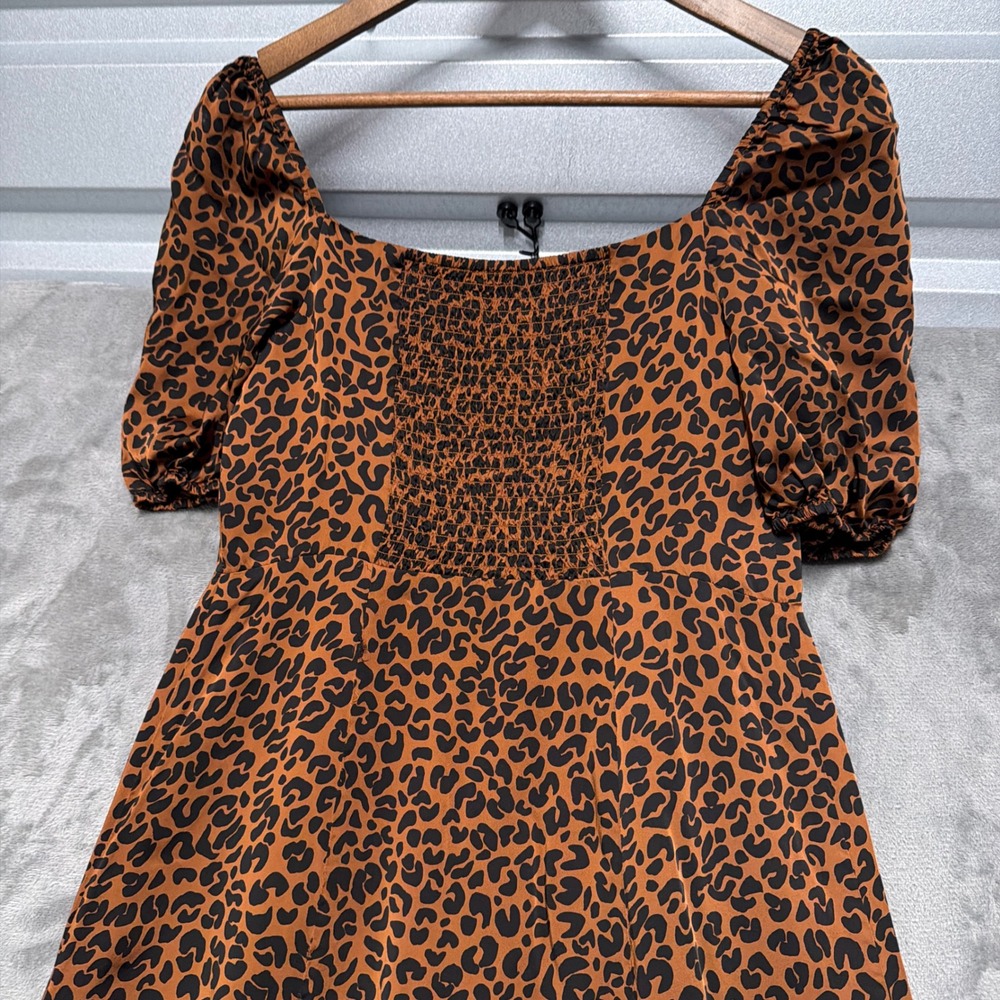 Good American Leopard Print Midi Dress Womens 3 Large Brown Button Front Smocked - Picture 10 of 12